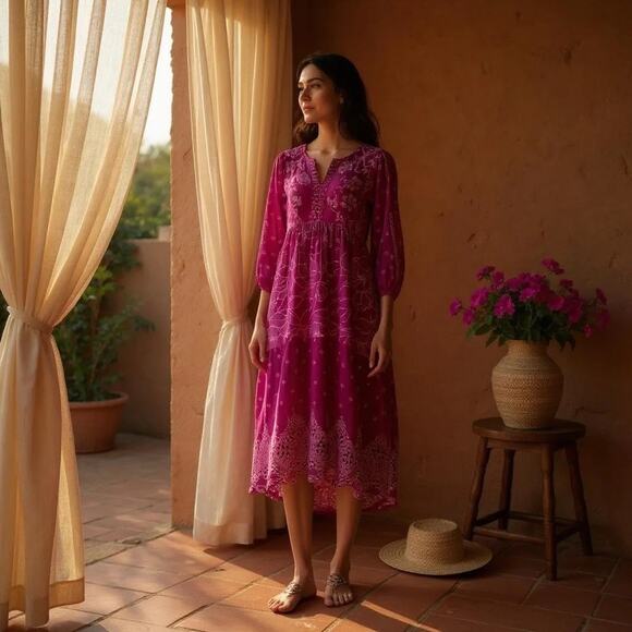 Johnny Was Gracie Hopscotch Embroidered Midi Dress Rumba Red Size M - Picture 13 of 13